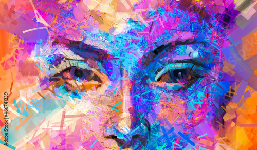 Fototapeta Naklejka Na Ścianę i Meble -  Oil or acrylic paint on canvas texture. Abstract color portrait of young woman. Modern art, oil painting colorful female face. Illustration artwork paint design for background, Impressionism style