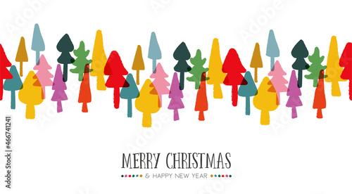Christmas New Year colorful pine tree forest card