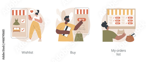 Online retailer abstract concept vector illustration set. Online shopping wishlist, buy product in stock, retail store, my orders list, shopping cart, user account, ecommerce abstract metaphor.