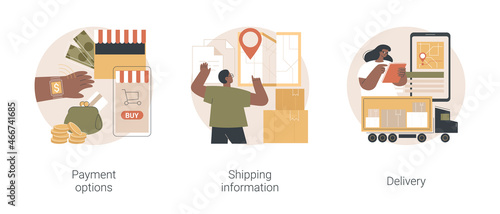 Online shopping website abstract concept vector illustration set. Payment options, shipping information, delivery service, shopping cart, credit card, order processing, express mail abstract metaphor.