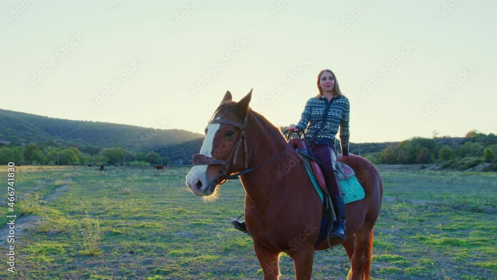 Slender girl sits astride horse who walks through meadow surrounded by trees, hills. Horsewoman. Young woman is engaged in horseback riding in nature. Sportive, active lifestyle. Sunny day. Summer Slender girl sits astride horse who walks through meadow surrounded by trees, hills. Horsewoman. Young woman is engaged in horseback riding in nature. Sportive, active lifestyle. Sunny day. Summer