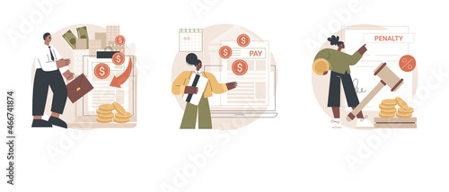 Tax payment abstract concept vector illustration set. Revenue agency, pay a balance owed, pay penalties, credit payment, filing taxes, payroll account, family benefit, GST and HST abstract metaphor.