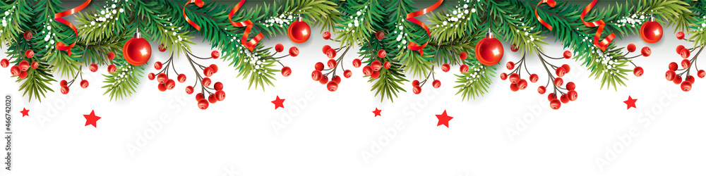 Seamless border with colorful Christmas symbols. Christmas tree - fir branches, berries, balls, serpentine and snowflakes on white background.