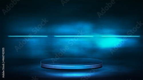 Empty dark podium for product presentation, 3d realistic vector illustration. Blue and dark digital scene with neon blue luminous lamps