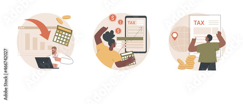 Accountancy service abstract concept vector illustration set. Calculating loss, net income calculating, international and non-resident taxes, profit estimation, net income formula abstract metaphor.