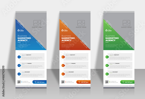 Template vertical roll up banner with round and semicircular design elements for the image.
