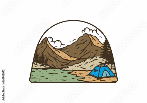 Line art illustration drawing of mountain lake camping