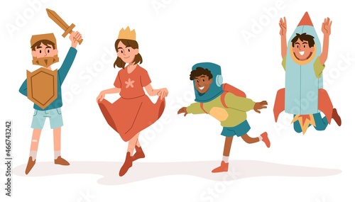 Small children dressed up. Set of boys and girls in knight, princess, astronaut and rocket costumes. Stickers with stylish characters. Cartoon flat vector collection isolated on a white background