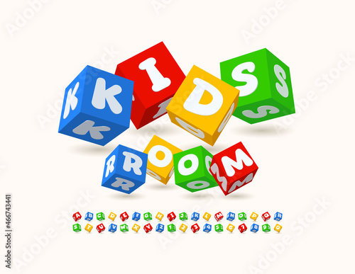 Vector colorful logo Kids Room with cute blocks Alphabet Letter and Numbers. 3D playful Font
