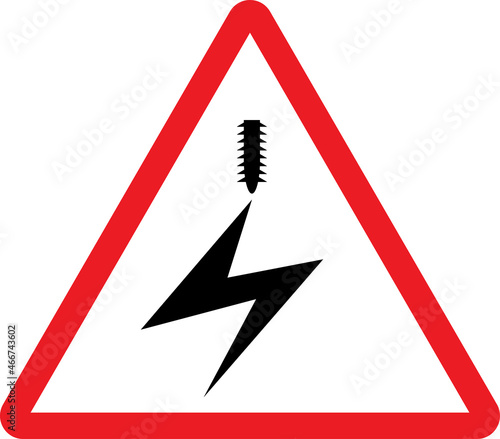 Electrified overhead cable warning sign. Red triangle background. Electrical safety signs and symbols.