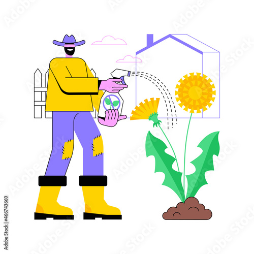 Dandelion removal abstract concept vector illustration. Garden maintenance, weed-free lawn, selective herbicides use, organic gardening, grass seed, lawn mowing, backyard abstract metaphor.