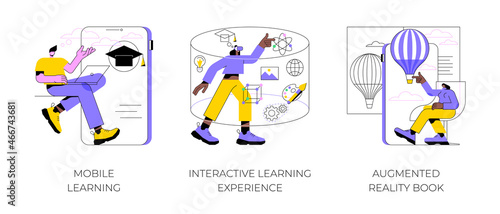 Interactive learning abstract concept vector illustration set. Mobile learning, augmented reality book, m-learning application, e-learning platform software, digital content abstract metaphor.