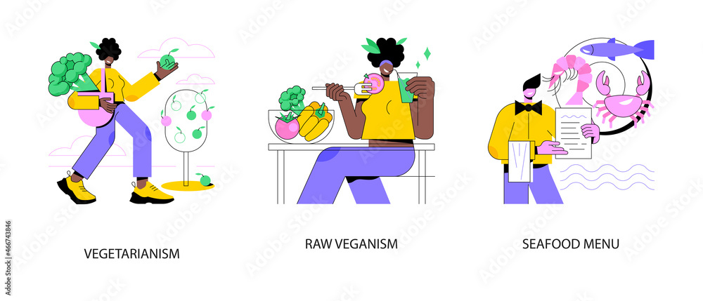 Organic food diet abstract concept vector illustration set. Vegetarianism, raw veganism, seafood menu, healthy lifestyle, fish house, detox nutrition, juice and sprout, vegan abstract metaphor.