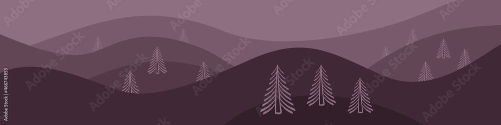 Christmas landscape with firs and hills. Winter background. Vector illustration.