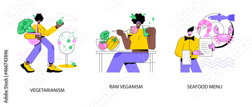 Organic food diet abstract concept vector illustration set. Vegetarianism, raw veganism, seafood menu, healthy lifestyle, fish house, detox nutrition, juice and sprout, vegan abstract metaphor.