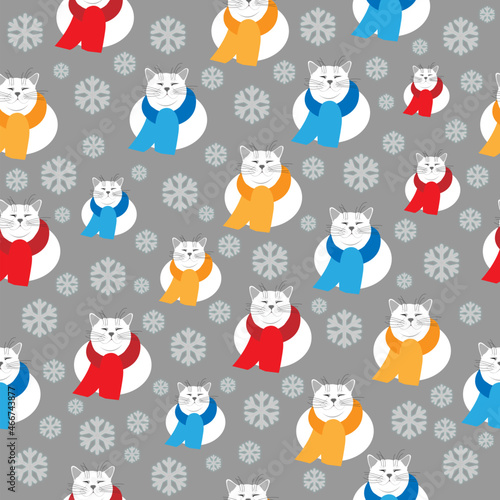 Fototapeta Naklejka Na Ścianę i Meble -  Seamless pattern of cute smiling winter cat with scarf