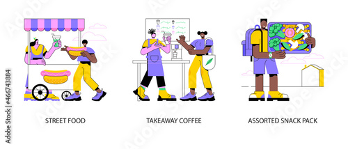 Quick snack abstract concept vector illustration set. Street food, takeaway coffee, assorted snack pack, city food truck, take-out menu, nutrition diet, business lunch, bakery abstract metaphor.