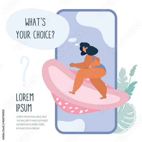 Body positive figure young girl fly on menstruation sanitary pads. The concept vector menstrual period cycle or PMS