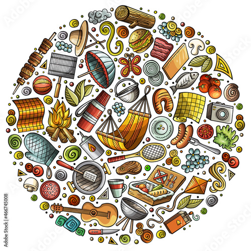Set of Picnic cartoon doodle objects, symbols and items