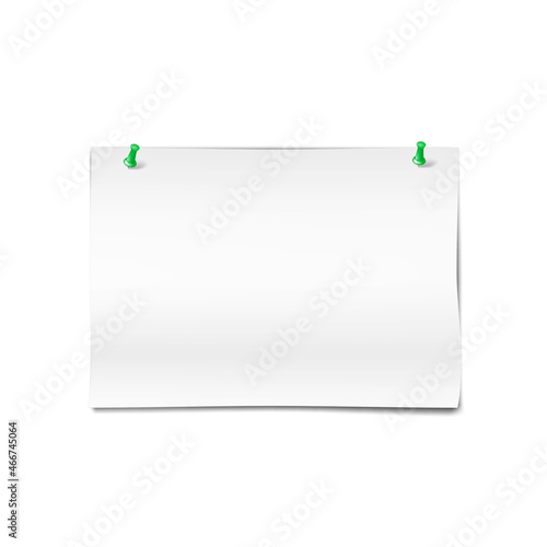 Blank white horizontal paper sheet with two push pins - mock-up. Important note with pushpins. Memo sticker, reminder - vector mockup