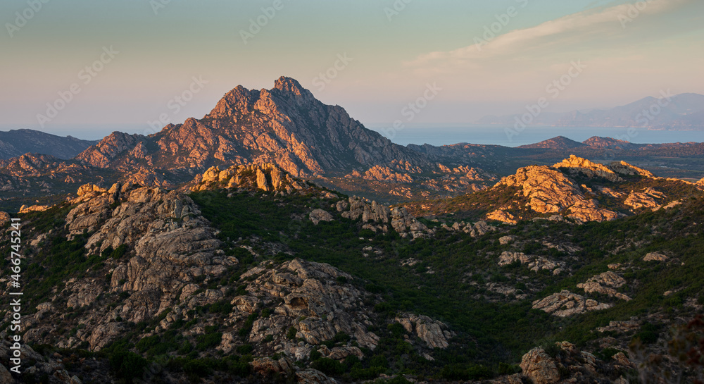 sunrise in the desert des agriate ,corsica France ,showing the rocky landscape .adventure holidays .