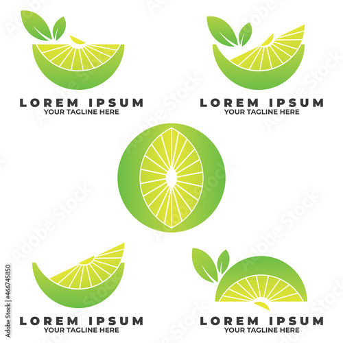 Collection set of fresh lemon and lime with green leaf and half slice icon. Lemonade logo template