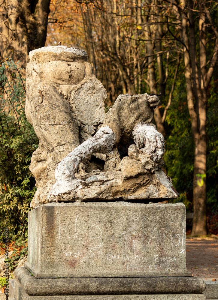 remains of ancient statues with body part of woman and goat in Turin.