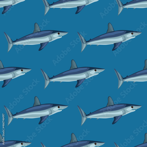 Seamless pattern shark Mako on blue background. Animal templates for fabric.