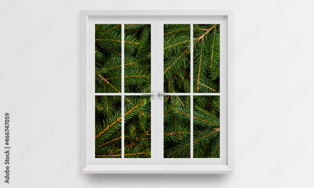 Christmas tree fir branches through the window concept Christmas tree fir branches through the window concept