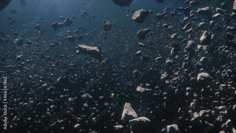 3d Render animation of Asteroids field in deep blue space with linear ...