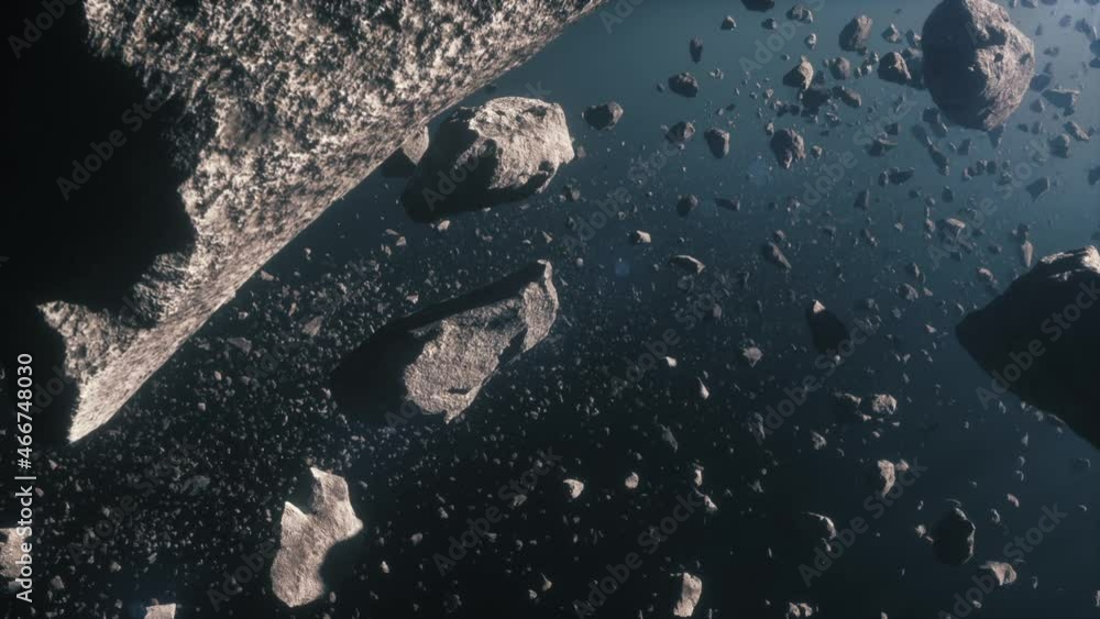 3d Render animation of Asteroids field in deep blue space with linear ...