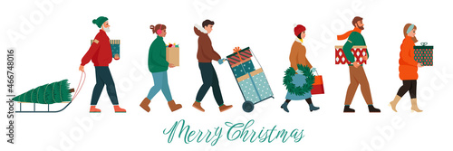 Christmas greeting card with different people walking and carrying present boxes or Christmas trees. Trendy retro style vector illustration
