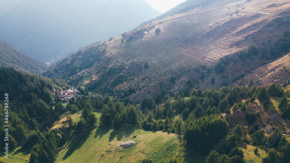 Fototapeta premium Aerial view of green fields and coniferous forest in the mountains. Italian Alps.