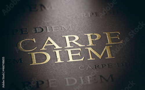 Seize the day. Carpe diem written with golden letters. Living the present moment. photo