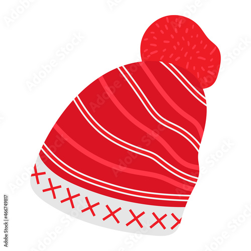 Warm wintery knitted hat with pompon and folk ornament.