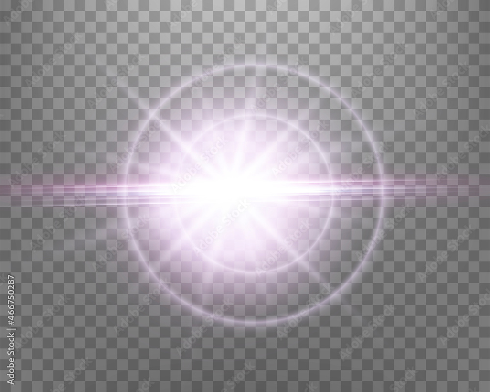 Sunlight lens flare, sun flash with rays and spotlight. Pink glowing burst explosion on a transparent background. .Vector illustration. Sunlight lens flare, sun flash with rays and spotlight. Pink glowing burst explosion on a transparent background. .Vector illustration.