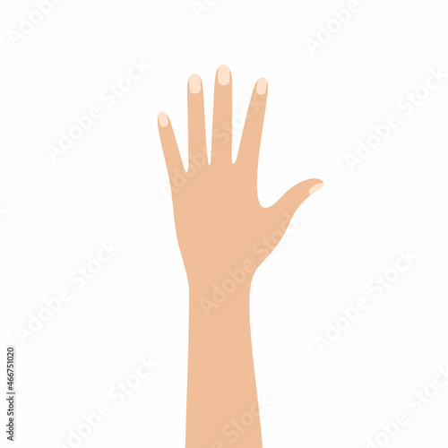The hand of a white-skinned man raised up on a white background.