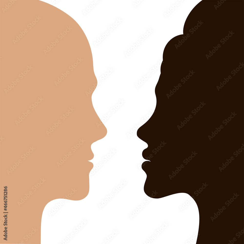 Silhouettes of a dark-skinned girl and a light-skinned guy on a white background.