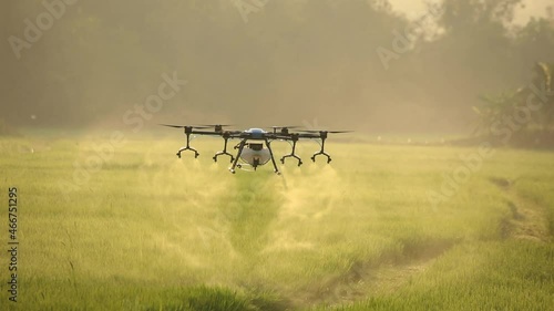 Agriculture drone fly to sprayed fertilizer on the rice field. industrial revolution. photo