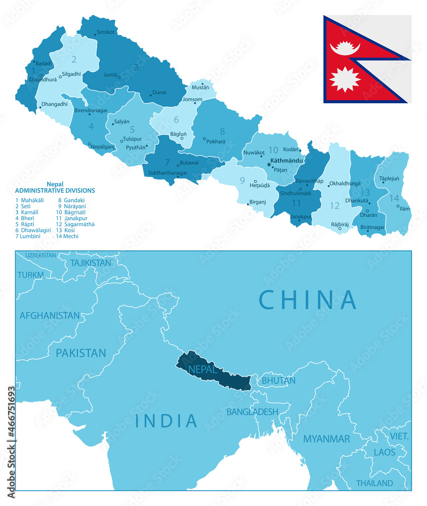 Nepal - highly detailed blue map. Stock Vector | Adobe Stock
