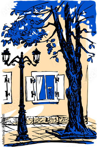 A piece of the street with a tree, a lamppost and a window on a summer day