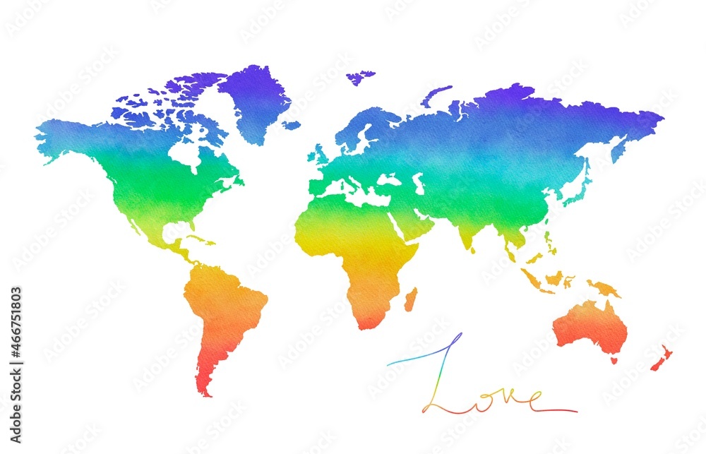 Naklejka premium Watercolor world map isolated on white. Rainbow gradient world, LGBT symbol