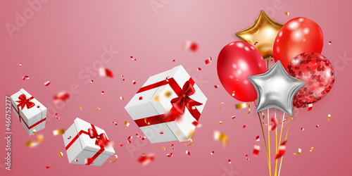 Vector illustration with three gift boxes with red ribbons and bows, golden and silver balloons and small blurry pieces of serpentines on pink background