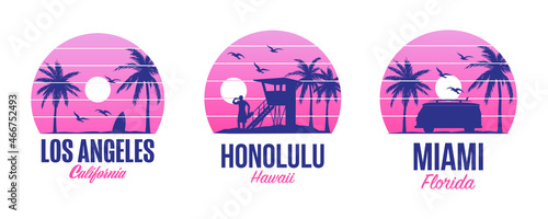Obraz na płótnie Apparel Prints for Tshirt. Template graphics with palms and sunset, Good vibes in Miami, Los Angeles and Honolulu ,Summer Designs in vector artworks. Baywatch, Surfing and VW camper van w salonie
