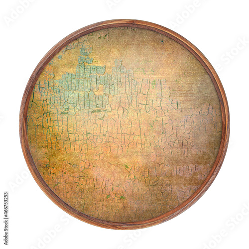 Wooden frame. Empty square frame with texture of old tinted shabby paper isolated on white background. Round frame. Blank frame. Signboard mockup. Old frame.