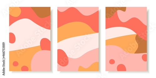 Simple color vector illustration. Set of posters in pink-brown tones. For prints, brochures, flyers. Calm wavy shapes, spots. © MaxNadya