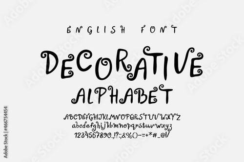 Decorative Cartoon alphabet letters and numbers. Vector funny curly font for Christmas and kids design style