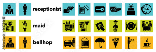 Ensemble de pictogrammes symbolisant les services proposés par le personnel d’un hôtel.