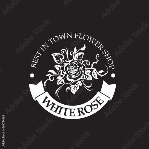 emblem of white rose bud for flower shop isolated on black background