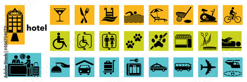 Ensemble de pictogrammes symbolisant les services proposés dans un hôtel.